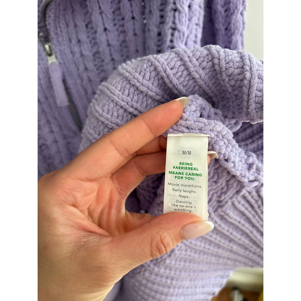 Aerie Lavender Cable Knit Quarter Zip Sweater Oversized Mock Neck Pullover - Picture 10 of 11